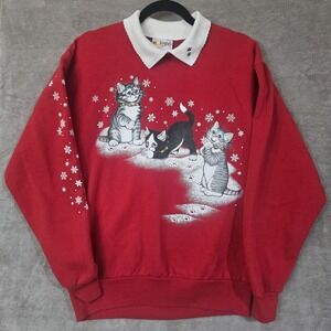 Vtg 90s Morning Sun Winter Kittens Womens Medium Red Fleece Sweatshirt Cat Lady